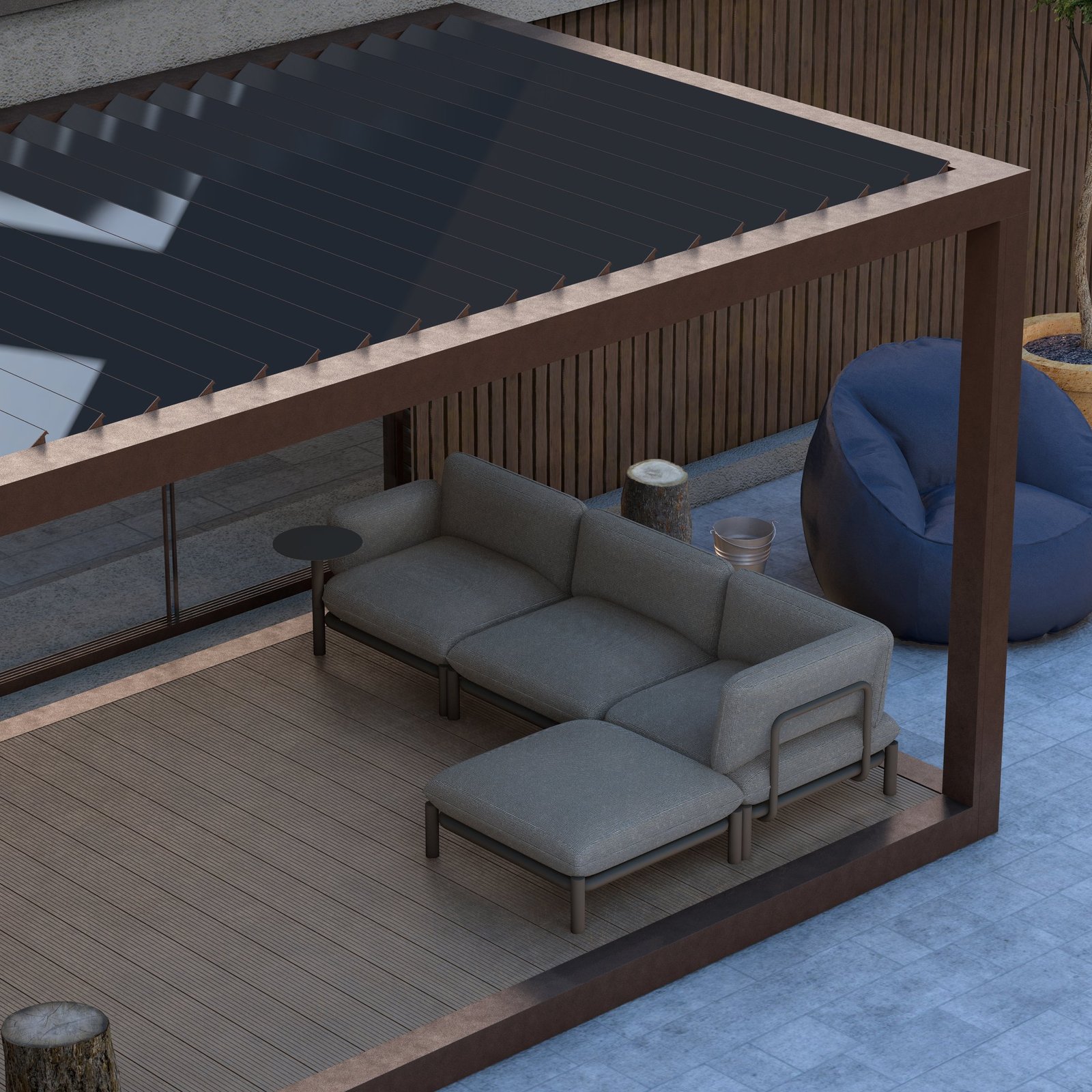 Aluminium pergola met comfortabele loungebank op houten terras