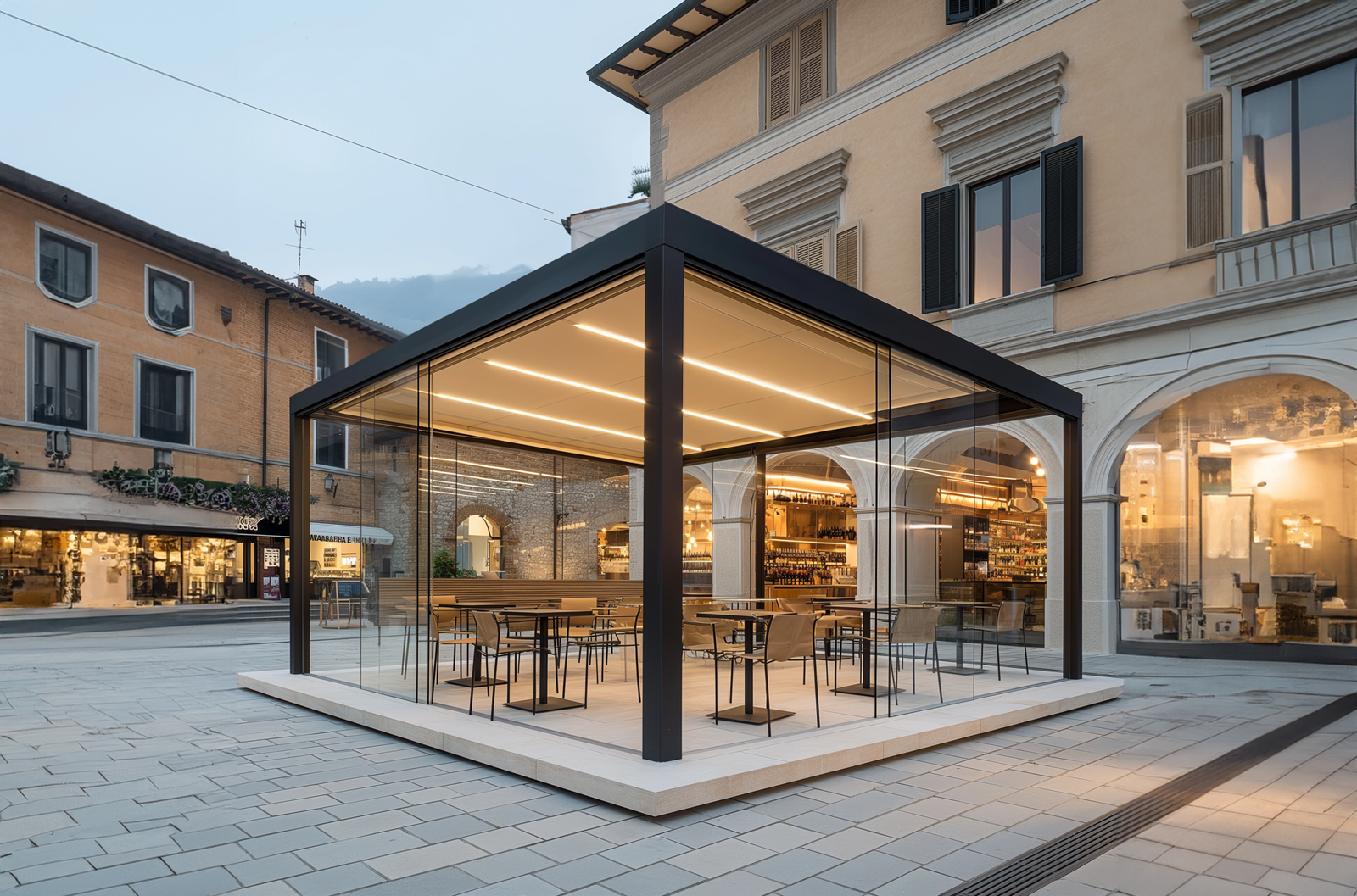 Pergola installatie bij restaurant terras