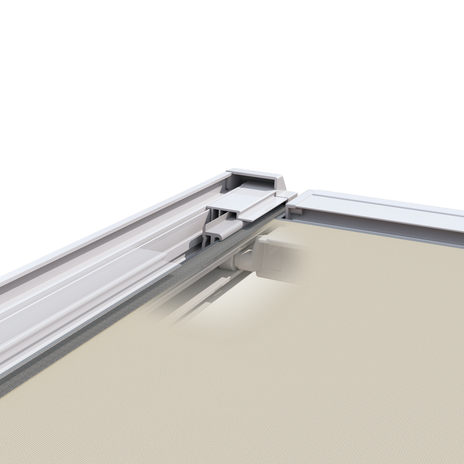 Detail van de ZIP-doekgeleiding van de Lewens Portofino met strak gespannen doek in de geleiderails