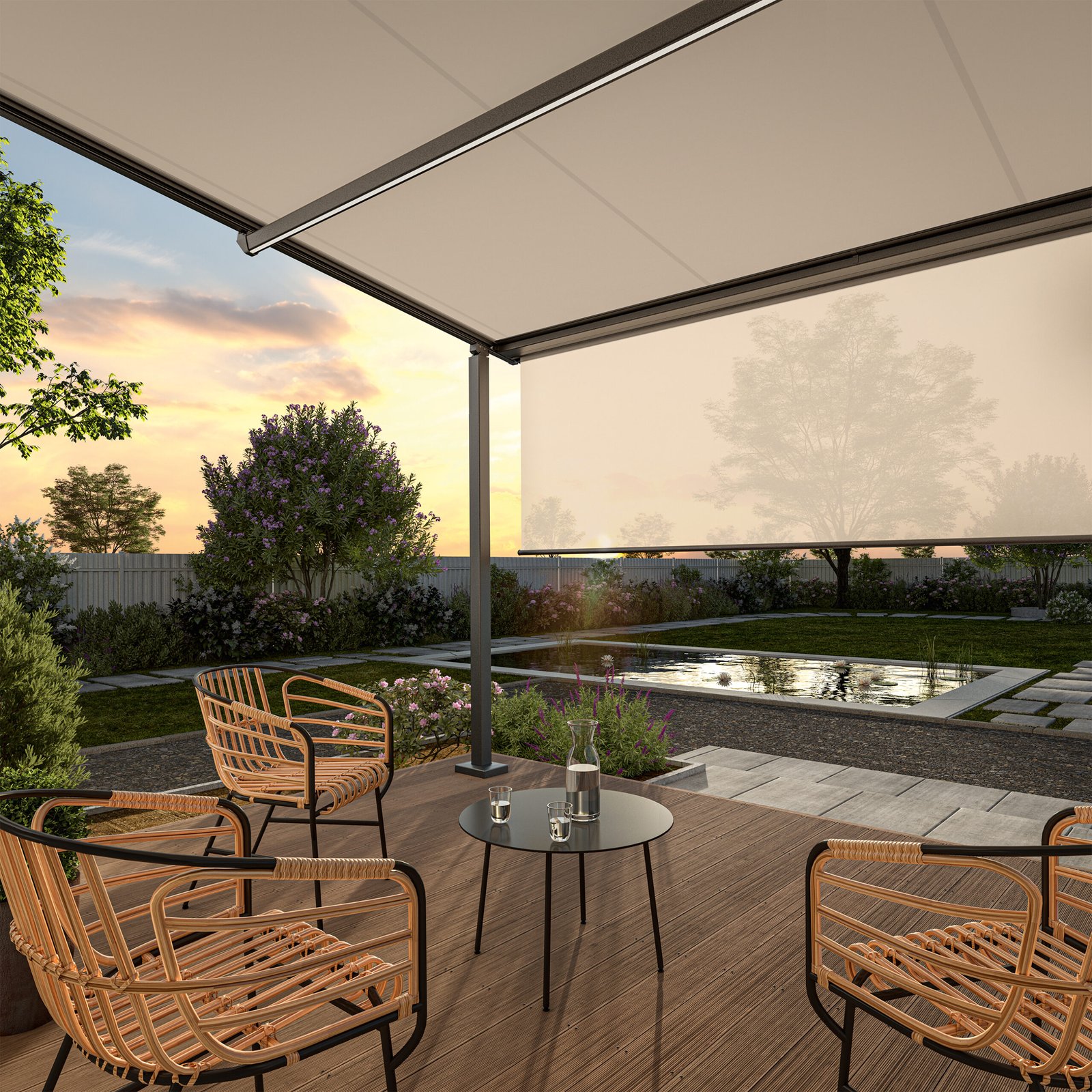 Lewens Portofino pergola-zonwering met crèmekleurig doek en LED-verlichting boven een modern terras